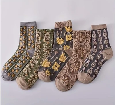 Meias femininas mistas estampa floral meia panturrilha meia folga conjunto de 5 meias da moda - Imagem 1 de 4