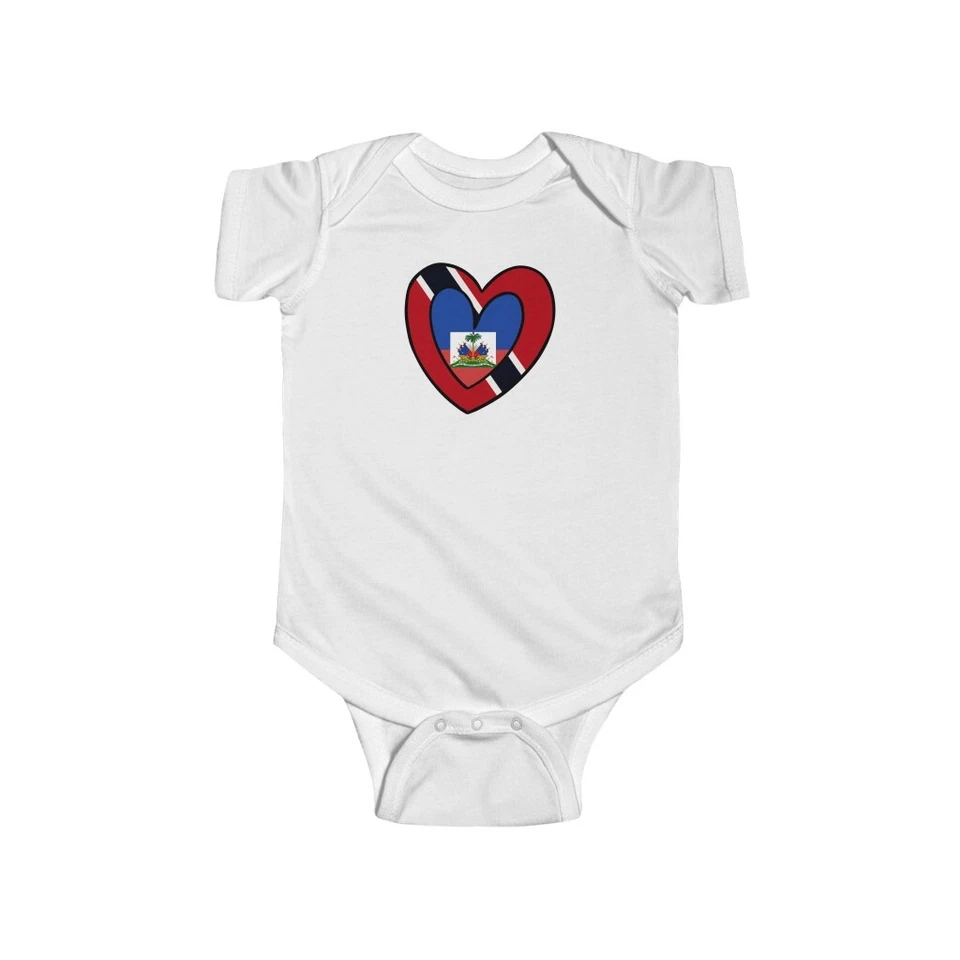 Haitian Trini Flag Heart Baby Bodysuit | Haiti Trinidad Tobago Newborn Girl Boy - Image 1 of 1