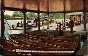 Postcard Boathouse and Launch at Washington Park in Chicago, Illinois - Picture 1 of 2