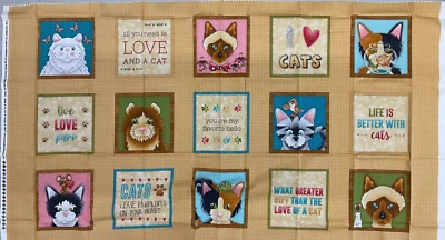 WHOLE COUNTRY CABOODLE-LIVE, LOVE, MEOW PANEL #1937P-33-CAT BLOCKS REPEAT GOLD - Image 1 of 2
