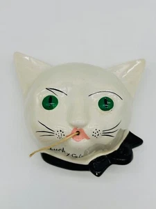 Vintage White Lucky Cat Black Bow Tie String & Scissor Holder Twine Dispenser - Picture 1 of 9
