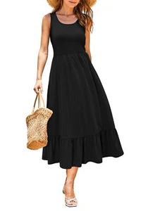 Women's Black Dress Casual Summer Sleeveless Boho Flowy Midi Cotton Sundress ... - Picture 1 of 7