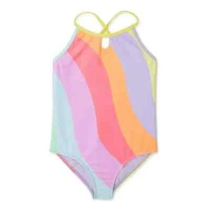 Wonder Nation Girls Wave Swimsuit With UPF 50+ 1-Piece Multicolor Size M (7-8) - Picture 1 of 5