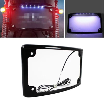 Black Curved License Plate Frame W/ LED Lights For Harley Cafe Racer Choppers - Image 1 of 4