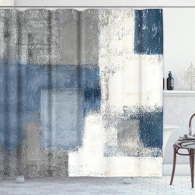 Cortina de Ducha Gris Contemporánea Azul y Gris Pintura Abstracta Interior Blanco  Foto 1 de 4