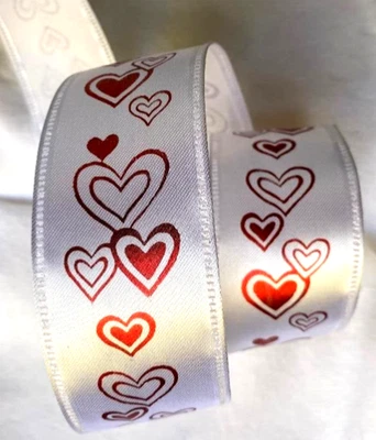 Red Hearts 1.5" by 4 yd Wired Ribbon Vertical Red Hearts on White Satin Wedding - Image 1 of 4