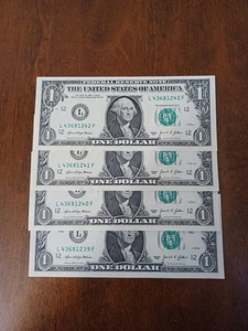 2021 ONE DOLLAR BILLS CONSECUTIVE NUMBERS UNCIRCULATED BILLS 4 BILLS - Picture 1 of 3