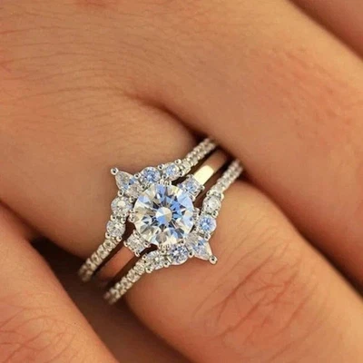 2.50Ct Round Cut Moissanite Prong Engagement Trio Set Ring 14k White Gold Plated - Image 1 of 4