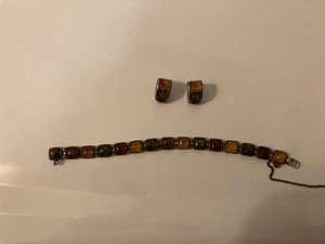 V-8 Poland SS Baltic Amber Panel Link Bracelet & Earrings Set - Picture 1 of 11