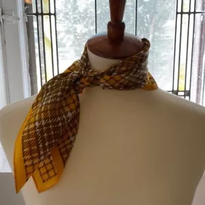 Vintage Brown & Yellow Houndstooth Silk Scarf With Geometric Design - Picture 1 of 5
