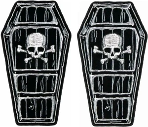 "SARGSCHÄDEL UND KREUZKNOCHEN BESTICKTER AUFNÄHER | 2 STCK. Aufbügeln oder Nähen 5""x3" - Bild 1 von 2