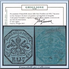 ASI 1852 Pontificio 7 baj n. 8 Certificato Nuovo Integro** Italia Antichi Stati