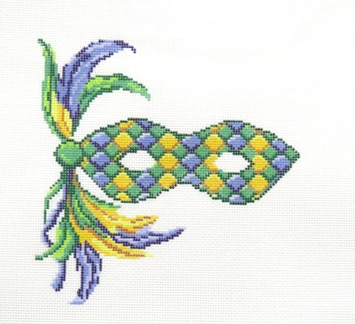 Initial K Megan Bowdon Yellow Mardi Gras Mask Handpainted Needlepoint Canvas - Image 1 of 1
