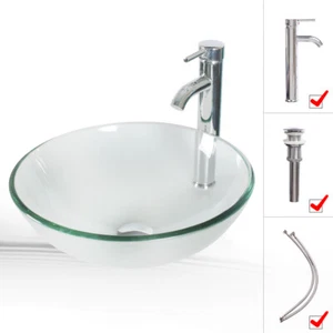 16.5" Round Clear Tempered Glass Sink Front Modern W/Faucet Pop Up Drain Combo - Picture 1 of 6