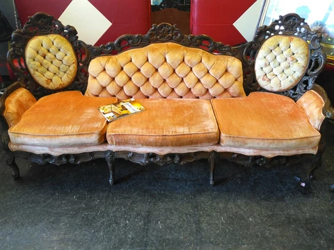 Antique Victorian Sofa Set. Stunning  Peach colored Couch, King and Queen chair Cover