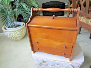 Caja de costura de madera de colección cesta 2 tapas de puertas con bisagras asa de transporte con cajones - Imagen 1 de 8