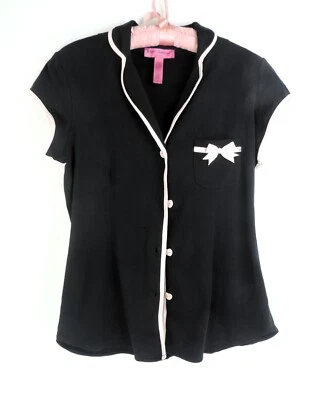 BETSEY JOHNSON INTIMATES Rosa Corazón Botón Negro Pijama Top M Mangas Gorra NUEVO Foto 1 de 4