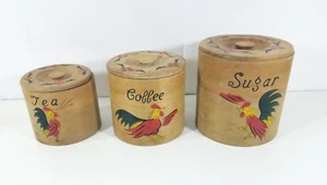 Wooden Rooster Round Nesting Canisters Handmade Painted Japan Set of 3 w/ Lids - Picture 1 of 10