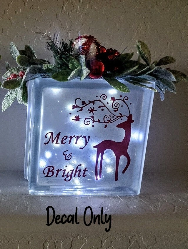 HOLIDAYDECALS4U Merry & Bright Christmas decal sticker for DIY 8" glass block