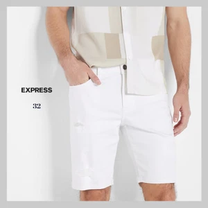 NWT - Express Men's Slim Fit Destroyed White Rolled Hem Stretch Jean Shorts 32 - Picture 1 of 5