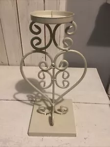 Modern Scroll Work Heart Shaped Metal Candlestick Cream 12” High - Picture 1 of 4