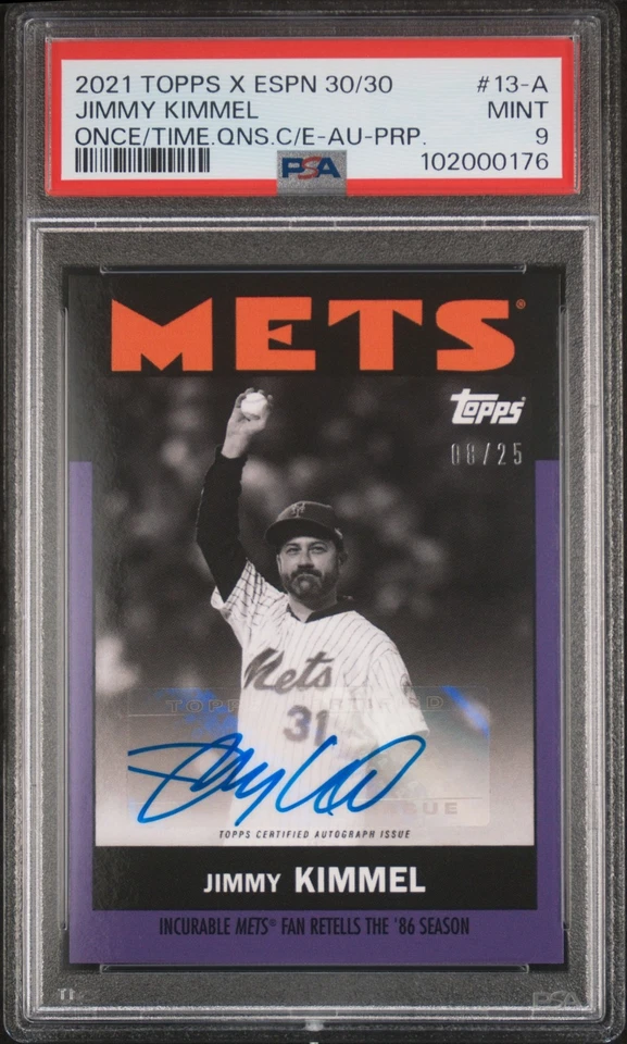2021 TOPPS ESPN ONCE UPON A TIME IN QUEENS JIMMY KIMMEL PURPLE AUTO /25 PSA 9 - Image 1 of 1
