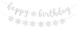 Snowflake Happy Birthday Banner, Winter Wonderland Themed Party Decorations, - Picture 1 of 8