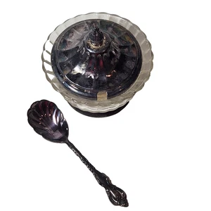 International Deep Silver Sugar Bowl Shell Serving Spoon Lid Clear Glass - Picture 1 of 11