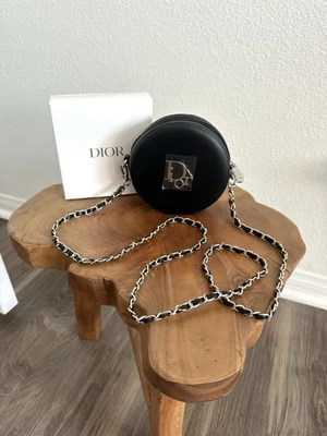 Dior Beauty NEW Box Black Silver Round Cosmetic Case Crossbody GWP Faux Leather - Image 1 of 4