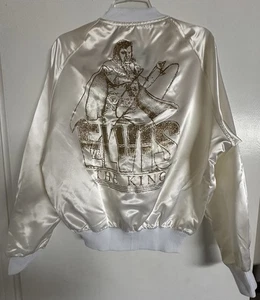 Vintage 80s Women’s M Elvis Presley Ivory Satin Bomber Jacket Diamond Dust Gold - Picture 1 of 14