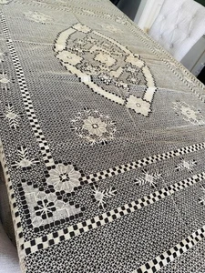 Antique Geometric Art Deco Filet Lace Bedspread Or Tablecloth 94” X 85” Vintage - Picture 1 of 17
