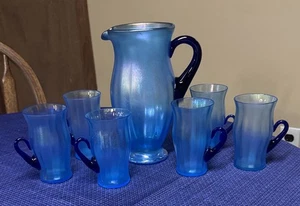 Fenton Celeste Blue Stretch Glass Pitcher and six glasses Cobalt Handles HTF - Picture 1 of 11