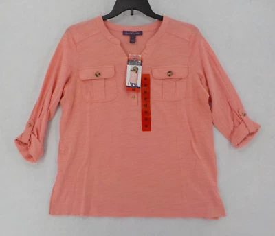 GLORIA VANDERBILT PENELOPE BLOUSE WOMENS SZ M CORAL ROLL TAB SLEEVE SHIRT NWD - Image 1 of 4