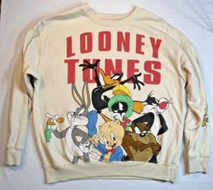 Looney Tunes Sweatshirt Women L Beige Graphic Lightweight Crew Neck Pullover 90s - Picture 1 of 11