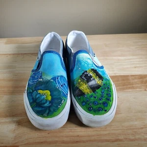 Vans Classic Slip-On Custom Hand Painted Shoes Blue Woman Size 6 - Picture 1 of 6