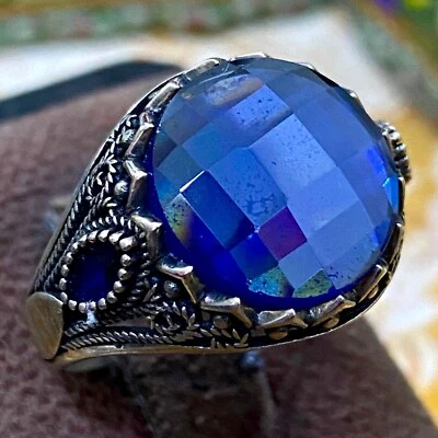 belo anel masculino de prata esterlina 925 otomano feito à mão de zircão azul 11 EUA - Imagem 1 de 4