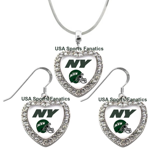 New York Jets 925 Necklace / Earrings or Set Team Heart With Rhinestones Cover