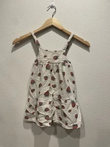 Rabbit + Bear Organic Red Strawberry Print Taupe Muslin Gauze Jumper Dress SZ 5 - Picture 1 of 9