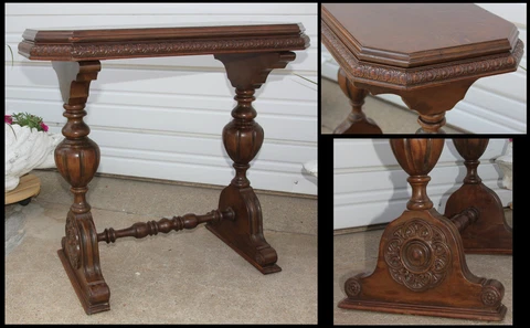 Antique Old French Renaissance Revival Medallion Side Accent Trestle Lamp Table Cover