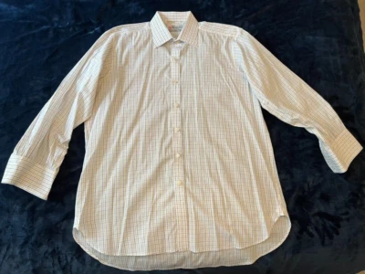 Camisa de vestir Turnbull & Asser • 17 x 33 • patrón de rejilla amarillo/azul • Inglaterra Foto 1 de 4