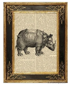 Impresión artística de rinoceronte en página de libro vintage decoración de oficina en casa regalos cuerno de rinoceronte - Imagen 1 de 3