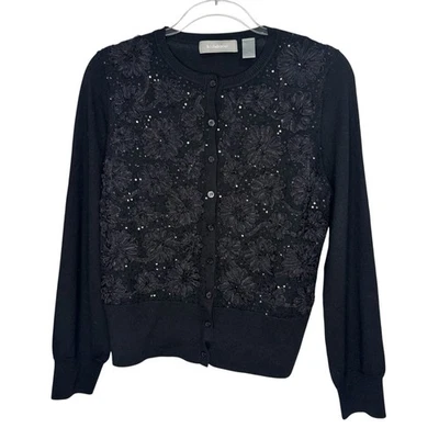 100% Merino Wool Black Cardigan Sweater Black Embellished Holiday Sparkle Top M - Image 1 of 4