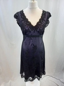 John Lewis Black Net Dress Purple Under Layer Cap Sleeve Midi Size 14 GC - Picture 1 of 18