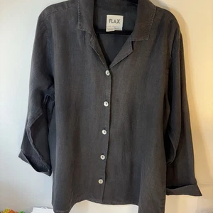 FLAX 100% Linen Oversized Blouse button down Medium Dark Charcoal Gray/ Blk MED - Picture 1 of 9