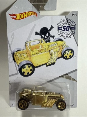 2019 Hot Wheels BONE SHAKER Gold w/Gold 5 Spoke Wheels Larry Wood 50 Series I18 - Image 1 of 2