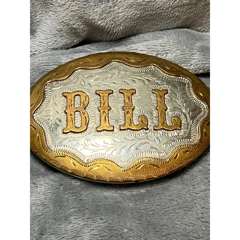 Hebilla de cinturón vintage con nombre de billete grabado occidental plateado tono dorado vaquero de 5 pulgadas Foto 1 de 4