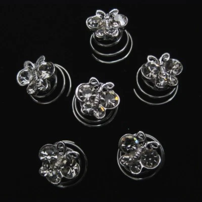 Silver Rhinestone Clear Butterfly On Twist Spiral Bridal Hair Pin - Set Of 6  - Image 1 of 4