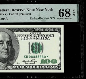 2006-A $100 FR Note Radar-Rotator Serial# 08888880 PMG SUPERB GEM UNC 68 EPQ - Picture 1 of 4