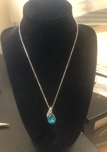 Turquoise Pendant with Rhinestones on a Silver Colored Chain - Picture 1 of 3