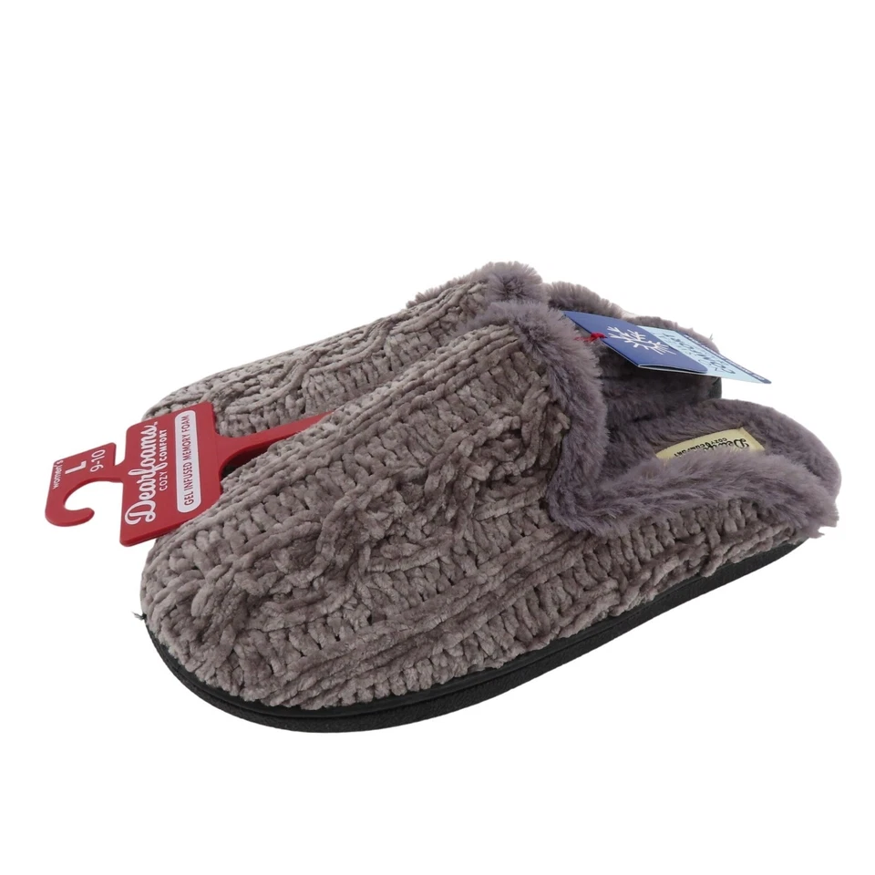 Dearfoams Women Large 9-10 Grey Chenille Cable Knit Faux Fur Slide Slippers NEW - Image 1 of 4